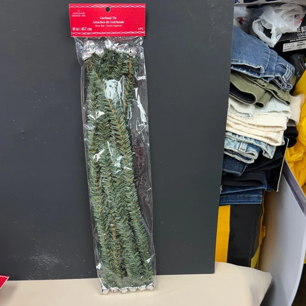 Ashland Green Pine Garland Ties with Silver Bells 18 inches in length 6 pieces